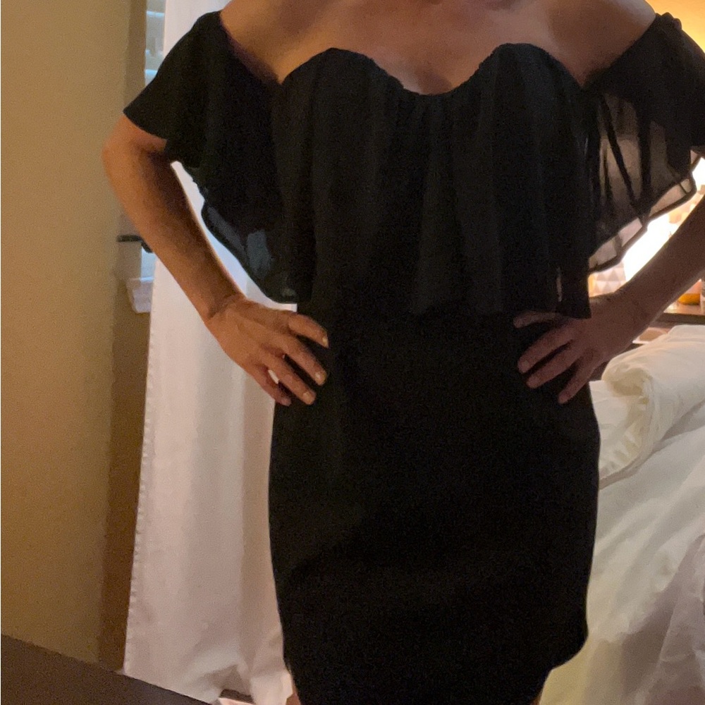 Angel Biba black off the shoulder bustier mini dress, size 6